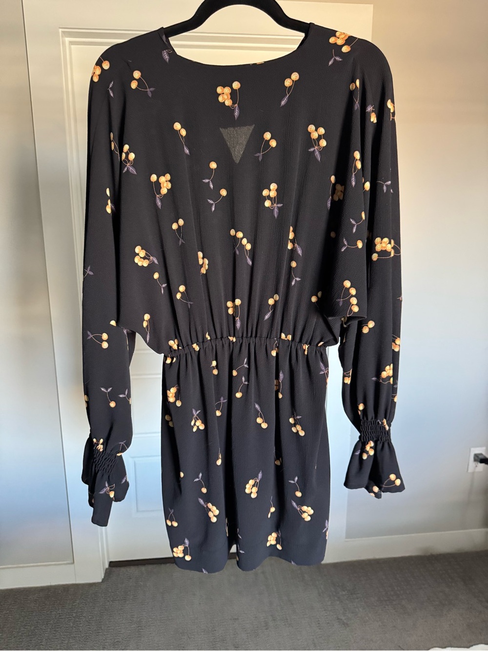 Black Long-Sleeve Floral Tie-Waist Mini Dress